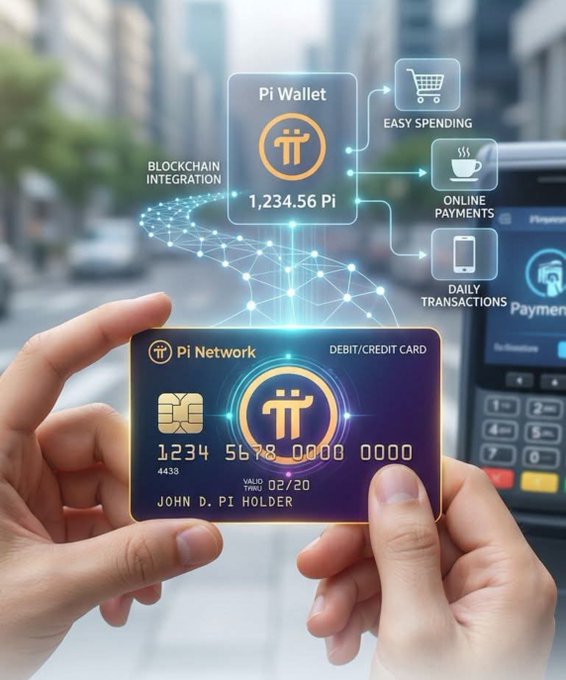 A hand holds a "Pi Network Debit/Credit Card" with the holder named "John D. Pi Holder" (card number 1234 5678 0000 0000, exp 02/20), while a holographic display shows a "Pi Wallet" with a balance of "1,234.56 Pi" connected to icons for "Easy Spending," "Online Payments," "Daily Transactions," and "Blockchain Integration," with a payment terminal visible in the background.

The image visually represents the post's commentary about AI and Pi Coin, illustrating a futuristic vision where Pi cryptocurrency is seamlessly integrated into everyday spending via a branded card—aligning with the user's speculation that AI systems will decode and share deeper insights about Pi Coin's real-world utility.