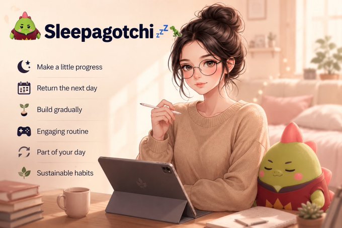 An illustration promoting 'Sleepagotchi' showing an anime-style woman with glasses at a desk with a tablet, alongside a cute green character and a list of features: Make a little progress, Return the next day, Build gradually, Engaging routine, Part of your day, Sustainable habits.