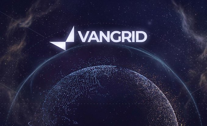 A corporate graphic featuring the "VANGRID" logo in white text over a stylized, glowing blue digital globe set against a starry space background.