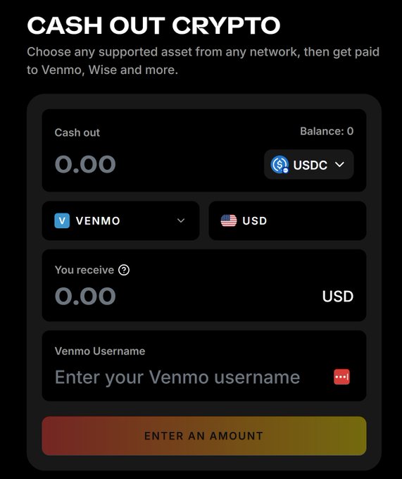 A dark-themed mobile app interface titled 'CASH OUT CRYPTO' allowing users to cash out USDC to Venmo in USD by entering their Venmo username.