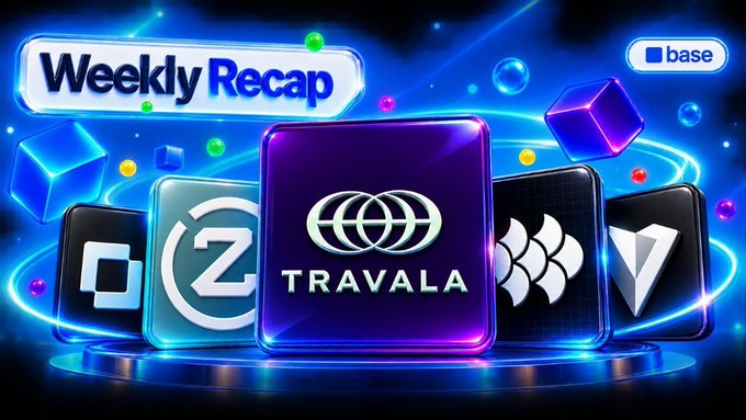 A promotional graphic titled 'Weekly Recap' featuring the 'TRAVALA' logo prominently alongside various cryptocurrency logos in a blue, futuristic design with 'base' branding in the corner.