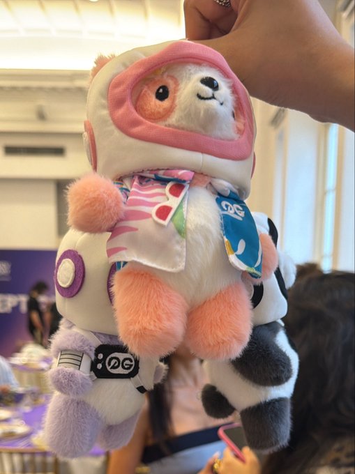 A close-up shot shows a hand holding a plush toy featuring a panda-like character in a white and pink hooded outfit, with various tags attached to it.