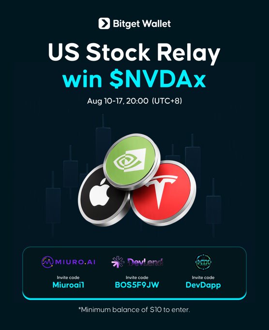 Bitget Wallet promotes its "US Stock Relay" campaign running August 10–17 at 20:00 UTC+8, featuring NVIDIA, Apple, and Tesla token logos and offering $NVDAx rewards. The image lists invite codes for partner platforms: Miuro.AI (Miuroai1), MTX (BOS5F9JW), and DevLend (DevDapp), with a minimum $10 Bitget Wallet balance required to enter.