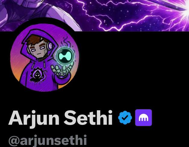 The image shows a Discord profile for "Arjun Sethi" (@arjunsethi) featuring a stylized cartoon avatar of a person in a purple hoodie holding a glowing green orb, set against a purple lightning background banner. This relates to the post as the user is complimenting Arjun Sethi's new profile picture (PFP).
