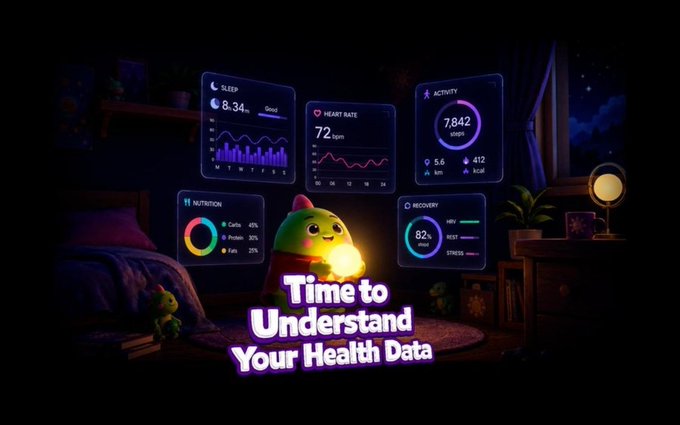 A dark, illustrated health app interface displays floating data widgets for Sleep (8h 34m), Heart Rate (72 bpm), Activity (7,842 steps), Nutrition, and Recovery (82%), with the text 'Time to Understand Your Health Data' overlaid.