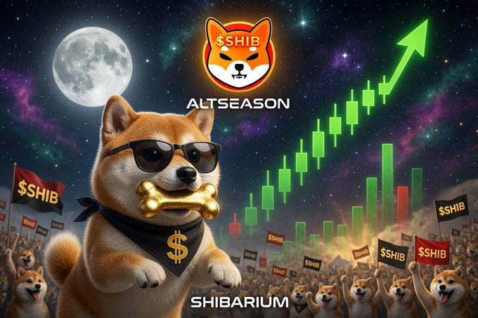 A confident Shiba Inu wearing sunglasses and holding a golden bone stands triumphantly against a cosmic backdrop, flanked by a rising green candlestick chart and a cheering crowd waving $SHIB flags, with the logos and text "SHIB," "ALTSEASON," and "SHIBARIUM" prominently displayed. The image visually embodies the post's bullish sentiment, depicting the #Shibarmy rallying behind SHIB, BONE, and Shibarium as they lead the charge during altseason.