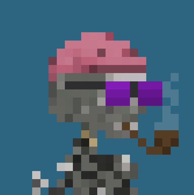 Pixel art of a zombie character with a pink exposed brain and glowing purple glasses against a dark blue background.