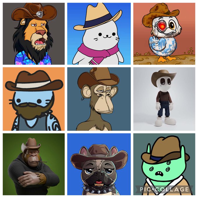 The image features a grid with nine cartoon animal characters wearing cowboy hats, each with their own unique style and personality. The animals include a lion, an owl, a cat, a monkey, a dog, a cow, a bear, and a rabbit. Each character is depicted in a different color, showcasing the diversity of the group. The post also mentions that there are more communities needed for the QuirkyOG and Azuki Elemental series to be completed.