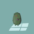 A simple digital illustration of a round, green, frog-like character standing on a light green background with geometric shapes on the floor.
