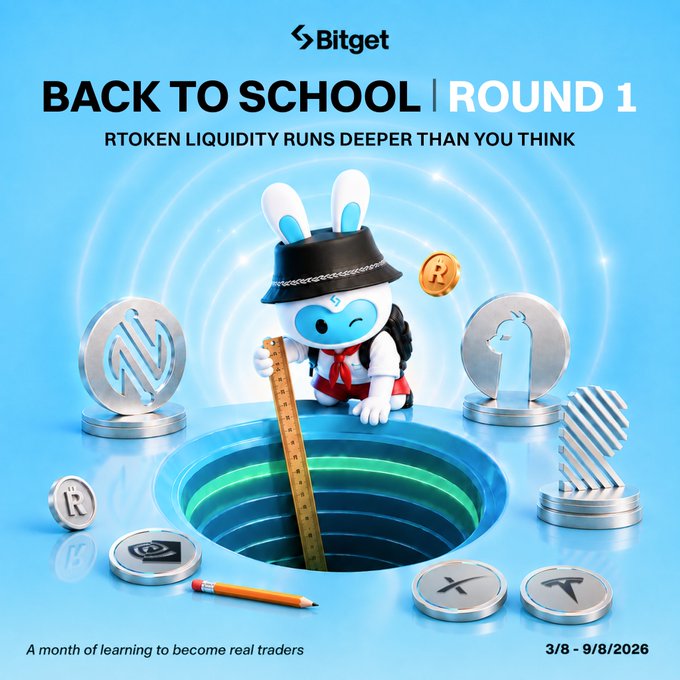 A promotional graphic for 'Bitget' titled 'BACK TO SCHOOL | ROUND 1' with the tagline 'RTOKEN LIQUIDITY RUNS DEEPER THAN YOU THINK', featuring a 3D cartoon bunny character wearing a hat and backpack measuring a portal with a ruler, surrounded by coins and dates '3/8 - 9/8/2026'.