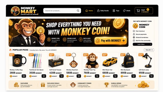 A screenshot of the 'Monkey Mart' e-commerce homepage featuring a cartoon monkey mascot and a banner reading 'SHOP EVERYTHING YOU NEED WITH MONKEY COIN!', displaying popular items like a Monkey Coffee Mug and Toothbrush Set with prices in MONKEY currency.
