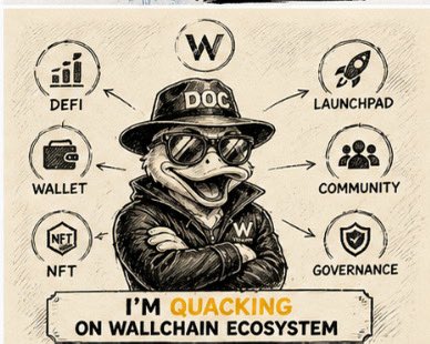 The image features a cartoon duck wearing sunglasses and a hat with the words "I'm Quacking On Wallchain Ecosystem" written above its head, surrounded by various symbols representing different aspects of cryptocurrency development or blockchain technology. The text emphasizes that success in this field requires consistent effort and dedication over time, rather than instant gratification.