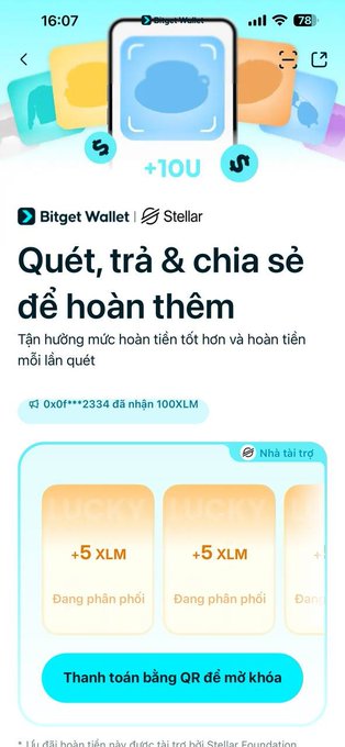 A Bitget Wallet promotional page in Vietnamese for Stellar (XLM) cryptocurrency, advertising a scan-to-earn program with up to +10 XLM rewards per scan and a QR code payment option.