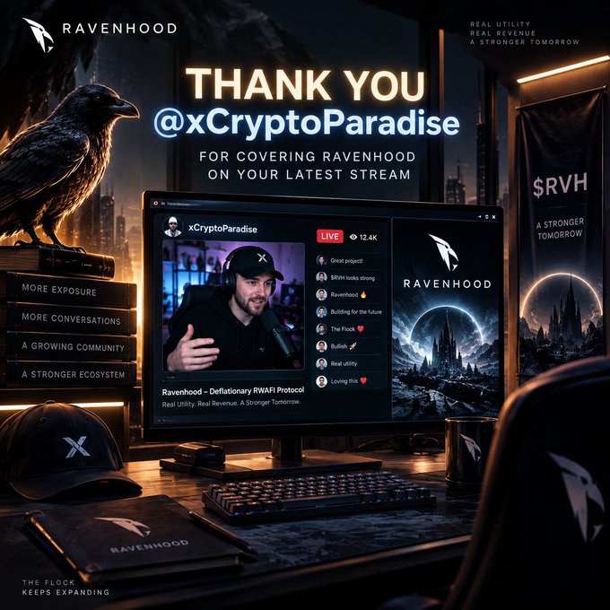A promotional graphic for 'RAVENHOOD' thanking '@xCryptoParadise' for covering them on a stream, showing a computer monitor with a live stream and a raven perched on books.