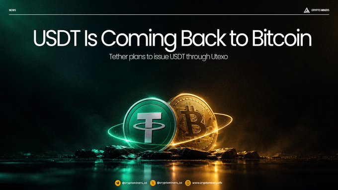 Crypto news graphic with the headline 'USDT Is Coming Back to Bitcoin' and subtext 'Tether plans to issue USDT through Utexo', featuring a Bitcoin and Tether coin on a dark background.