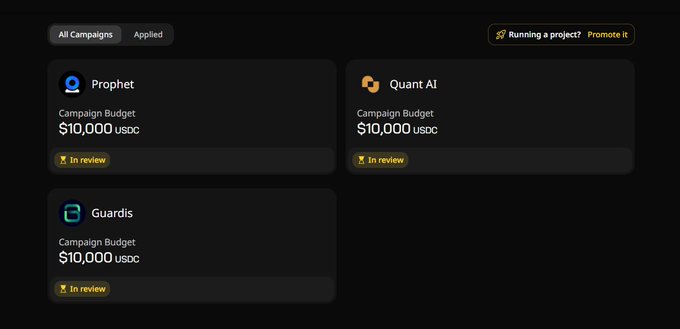 The image shows a screenshot of a campaign management tool called @wallchain. The tool allows users to manage their campaigns by setting budgets, reviewing them, and applying them to active campaigns. There are three campaigns displayed on the screen, each with different budgets and review ratings. One of the campaigns has a budget of $10,000 and is being reviewed for quality. Another campaign has a budget of $1,000 and is in progress. The third campaign has a budget of $100,000 and is currently running. The post also mentions that the creator economy on CT is getting interesting again, which could be related to the new features or improvements made to the tool.