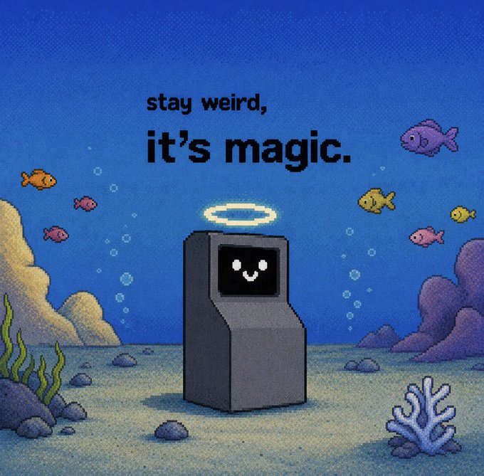 Pixel art illustration of a smiling arcade cabinet with a halo, underwater with fish, coral, and bubbles, captioned 'stay weird, it's magic.'