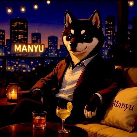 A digital illustration of an anthropomorphic Shiba Inu dog wearing a brown suit, sitting on a yellow couch with a pillow reading 'Manyu', holding a glass with a lemon slice, against a nighttime city backdrop with a 'MANYU' neon sign.