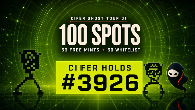 A promotional graphic for 'CIFER GHOST TOUR 01' advertising 100 SPOTS (50 FREE MINTS, 50 WHITELIST) with 'CIFER HOLDS #3926' and a pixel-art ghost logo.