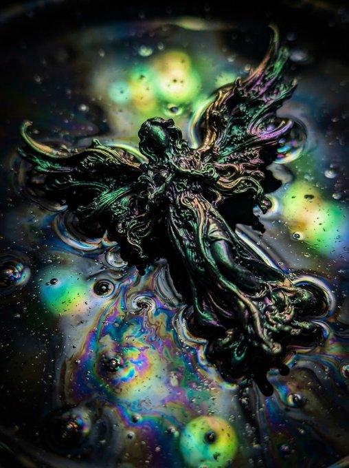 A dark, abstract sculpture with iridescent green, purple, and gold hues appears to emerge from a swirling pool of black liquid with floating bubbles and colorful reflections.