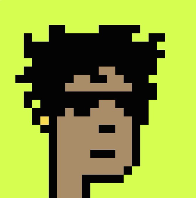 A larger version of the same pixel art portrait showing a person with dark curly hair against a bright green background.