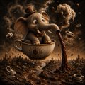 A surreal, sepia-toned artwork shows an elephant pouring dark liquid from a giant teacup, surrounded by clouds and flames—visually echoing the post's "TEZOS PARTY" theme with a clever pun on the "Tezo" sound matching "tea."