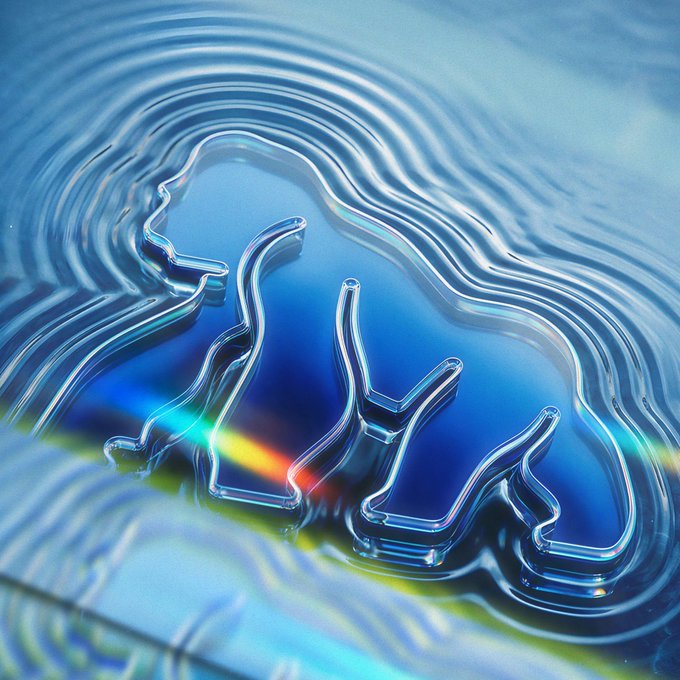 The image features a blue bear shape made of glass, floating on water with ripples around it. The bear appears to be carved from glass or etched into it, giving it an artistic appearance. The background of the image is blurred, drawing attention to the bear and its surroundings. The caption "BAYC APECOIN OTHERSIDE APEFEST CLUBHOUSE MBA" suggests that this unique glass bear could potentially be a part of a larger art installation or exhibit at a clubhouse.