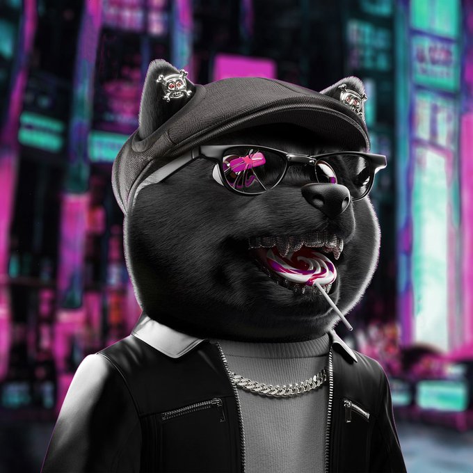 Stylized AI-generated image of a black dog character wearing a black leather cap with silver studs, sunglasses, a leather vest, and a silver chain necklace, with a pink lollipop in its mouth against a neon cyberpunk city background.