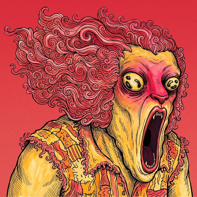 A screaming figure with wild pink-red curly hair, yellow skin, and bulging yellow eyes is depicted in an intense, detailed illustration style against a red background. The chaotic, frantic expression of the character complements the post's message about collaboration updates, conveying urgency as it announces that collabs are slowing down and only a few selective spots remain out of 2222 total supply.