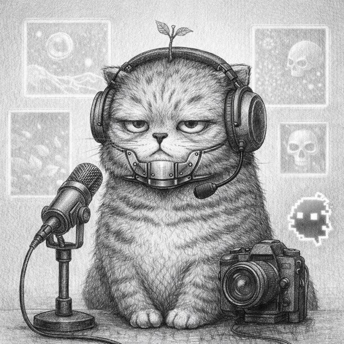 Pencil-style sketch of a grumpy-looking cat wearing large headphones with a microphone and a muzzle, sitting next to a camera with a small plant sprouting from its head, alongside a pixel-art ghost icon.