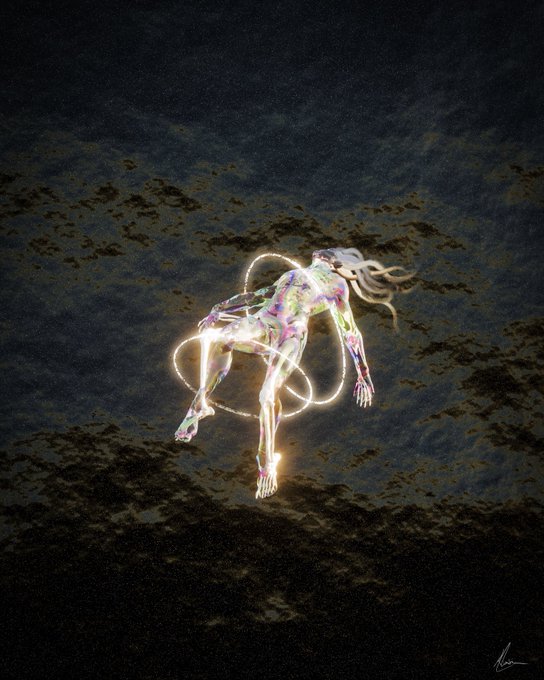 A glowing, spectral humanoid figure with flowing hair and ethereal ribbons of light wraps around its body, suspended against a dark, textured background resembling deep space or murky waters, evoking the hauntingly enigmatic mood suggested by "Gn."