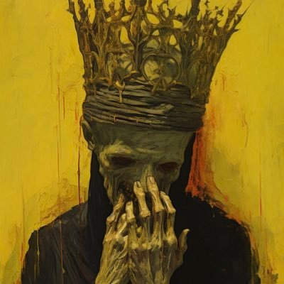 A dark, moody painting depicts a skeletal figure wearing an ornate golden crown against a yellow background, with bony hands clasped in a contemplative pose.