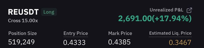 A trading position summary for REUSDT (Long) showing an unrealized P&L of +2,691.00 (+17.94%), with a position size of 519,249 and entry price of 0.4333.