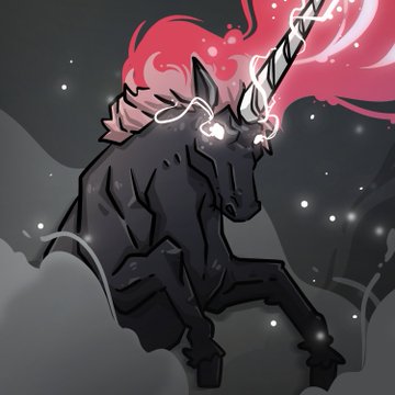 The image features a black unicorn with red hair, sitting on its hind legs against a dark background. The unicorn has glowing eyes that appear to be radiating light from within. The image also includes text elements such as "MYTHS & MONSTERS" and "@apecoin", which may suggest the post is related to the mythical creature or fantasy-themed content.