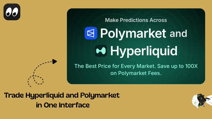 The image shows a promotional graphic with a dark green panel displaying "Make Predictions Across Polymarket and Hyperliquid - The Best Price for Every Market. Save up to 100X on Polymarket Fees," alongside text reading "Trade Hyperliquid and Polymarket in One Interface." This visually supports the post's message about Share's HIP-4 launch, which enables unified trading across both prediction market platforms in a single interface while highlighting potential fee savings of up to 100X.