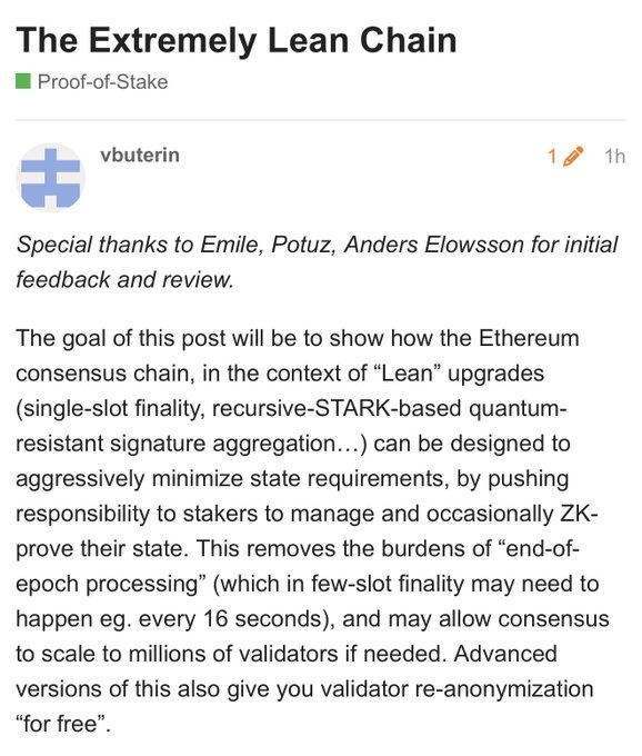 A screenshot of a post by vbuterin titled 'The Extremely Lean Chain' under Proof-of-Stake, discussing how the Ethereum consensus chain can minimize state requirements via 'Lean' upgrades including single-slot finality and STARK-based signature aggregation.