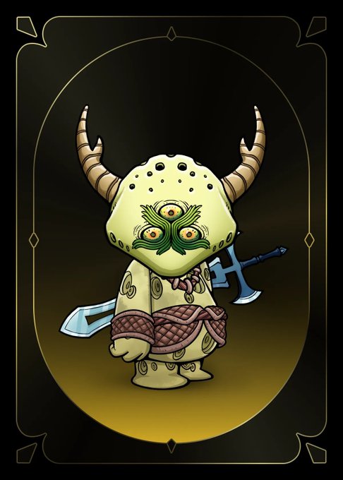 A stylized trading card illustration of a horned creature with a three-eyed mask and a sword, rendered in gold and black tones.