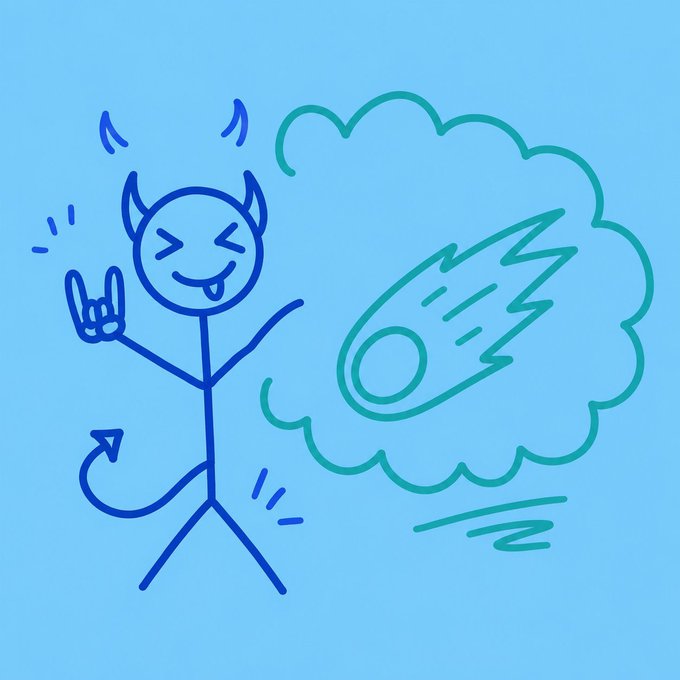 A simple line drawing of a blue devil character sticking its tongue out and making a hand gesture. A thought bubble next to it shows a green meteor or fireball streaking through the sky.