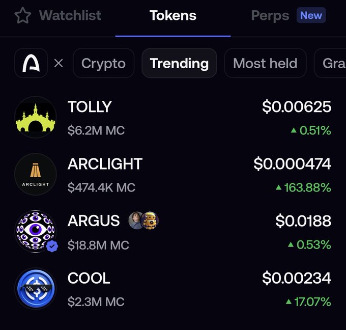 A cryptocurrency interface shows a 'Trending' tokens list with 'TOLLY' at $0.00625, 'ARCLIGHT' at $0.000474 (up 163.88%), 'ARGUS' at $0.0188, and 'COOL' at $0.00234.