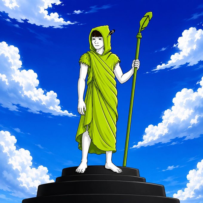 An anime-style figure in a green leafy hooded robe stands barefoot atop a black pedestal, holding a spear-like staff against a vibrant blue sky with fluffy clouds. The image evokes a heroic, almost divine aesthetic—fitting for Robinhood Chain's grand vision of bringing traditional finance onchain, where the statue-like figure symbolizes the foundational "guardian" role the chain plays for the emerging ecosystem of tokenized assets.