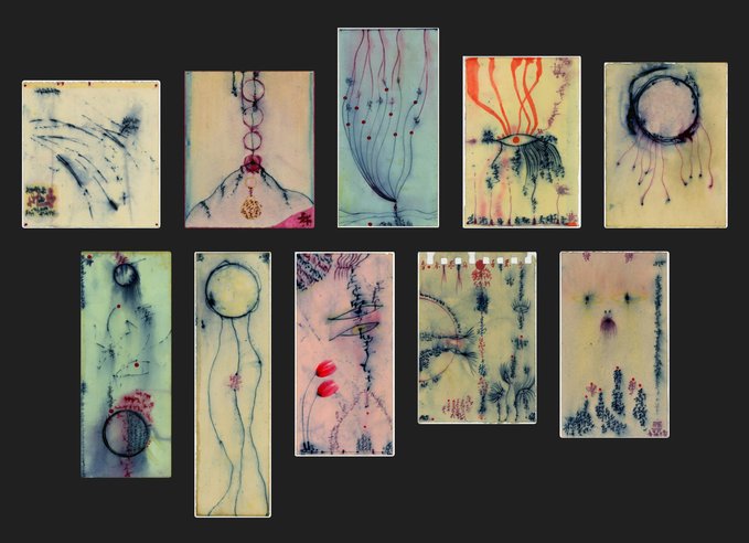A collection of ten abstract, dreamlike artworks arranged on a dark background, featuring ethereal figures, jellyfish-like forms, and watercolor textures in soft pastels.