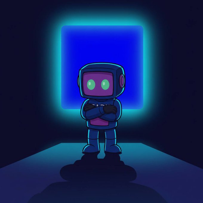 A digital illustration depicts a small blue and purple robot with glowing green eyes standing with crossed arms in front of a glowing blue neon square.