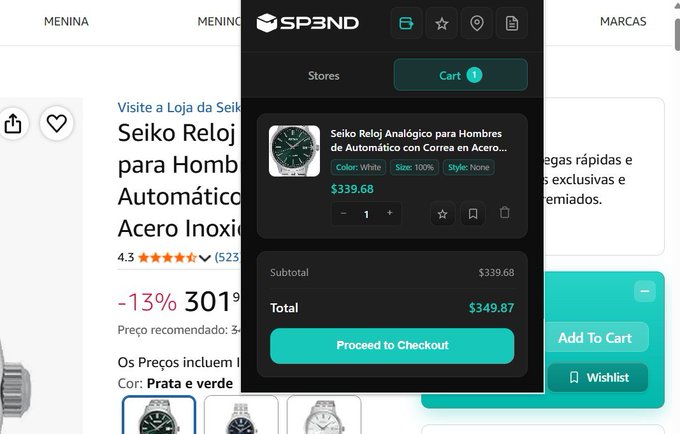 A shopping cart pop-up on SP3ND's website displays a Seiko Reloj Analógico watch priced at $339.68 with a total of $349.87, ready to proceed to checkout—illustrating the platform the post refers to, where users can redeem $25 coupon codes during their purchase.