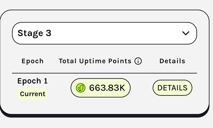 The image shows a dashboard interface for "Stage 3" displaying "Epoch 1" (marked as "Current") with a Total Uptime Points balance of 663.83K and a "DETAILS" button. This visual relates to the announcement that Grass Season 3 has launched with a counter reset, replacing the anticipated Season 2 Epoch 20 continuation.
