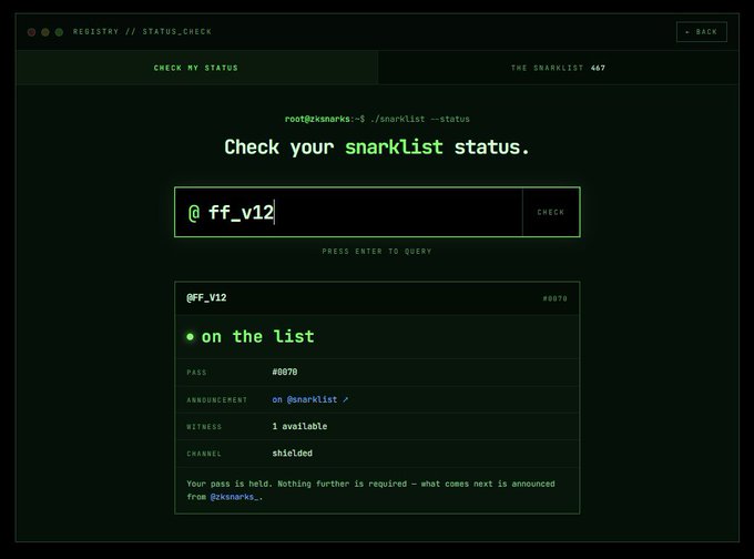 A dark-themed terminal interface titled 'REGISTRY // STATUS_CHECK' shows a query for '@ff_v12' resulting in 'on the list' status with pass #0870, announcement on @nmarklist, and a shielded channel.