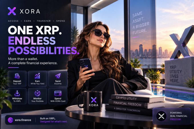 A promotional advertisement for Xora features a stylish woman in sunglasses holding a smartphone beside a pool with a city skyline backdrop, alongside the tagline "ONE XRP. ENDLESS POSSIBILITIES." and the descriptor "More than a wallet. A complete financial experience." The ad highlights six core features in purple icons—Deposit Your XRP, Earn While You Hold, Send Anywhere, Withdraw To XRPL, Monitor Your Portfolio, and Spend With XORA Card—along with a black Xora mug and books titled "CRYPTO UTILITY," "FINANCIAL FREEDOM," and "A BRIGHTER TOMORROW." The accompanying text reinforces Xora's value proposition of accessibility, utility, and liquidity for the $XORA token, directly mirroring the image's emphasis on XRP utility with calls to "Deposit $XRP, access earning functionality, monitor your portfolio, send funds, withdraw to XRPL," while prominently displaying "XRP UTILITY LIVES HERE," "SAME ASSET