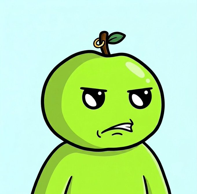 A cartoon illustration of a green apple character with an angry, unimpressed facial expression.