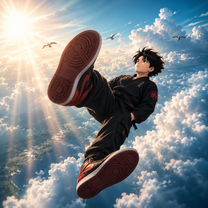 Digital anime-style artwork depicting a young character in a black martial arts uniform performing a high kick in mid-air against a backdrop of clouds, sun rays, and seagulls.