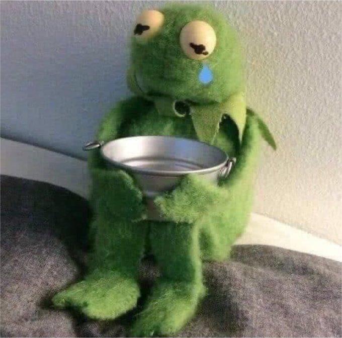 A Kermit the Frog meme showing the puppet holding an empty metal bowl with a sad tear, representing being broke or begging.