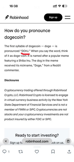 A mobile screenshot from Robinhood explaining: "How do you pronounce dogecoin? The first syllable of dogecoin – doge – is pronounced 'DOHJ.' When you say the word, think of it as doge-coin. It is named after a popular meme featuring a Shiba Inu."